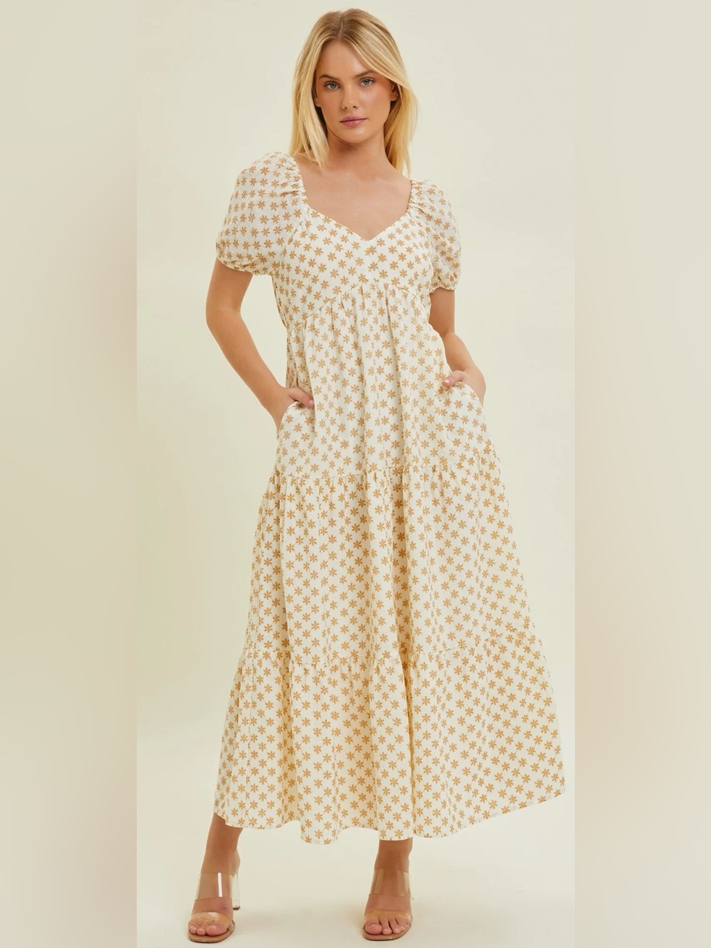 Yellow Cream Floral Puff-Sleeve Tiered Maxi Dress